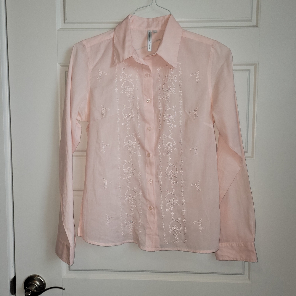 Lavender Star Boho sheer button up Pink Blouse.  EUC Size M
